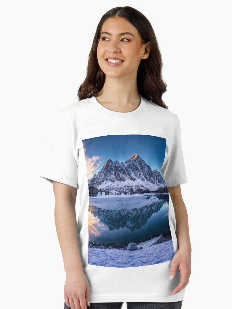 A Panoramic View of Snow-Capped Rocky Mountains with a Serene Alpine Lake in the Foreground, Ai Generated Art Essential T-Shirt