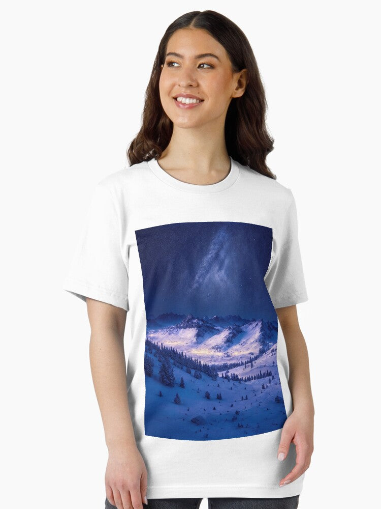 A Starry Night Sky Above Snow-Covered Peaks, Creating a Magical Ambiance in the Mountain Landscape, Ai Generated Art Essential T-Shirt