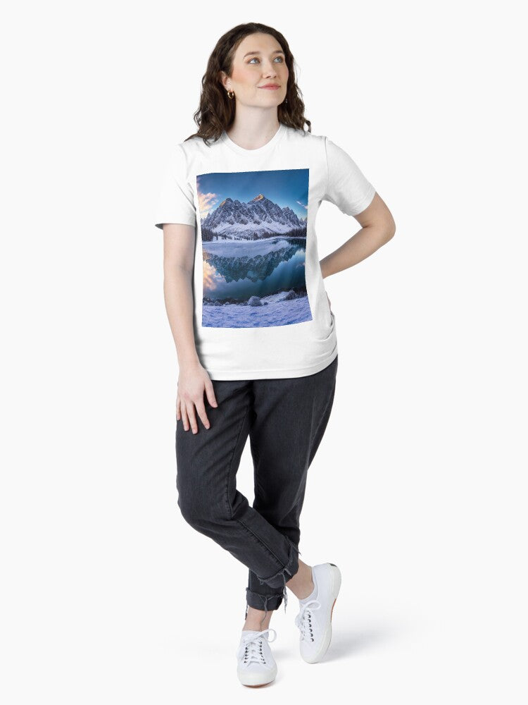 A Panoramic View of Snow-Capped Rocky Mountains with a Serene Alpine Lake in the Foreground, Ai Generated Art Essential T-Shirt