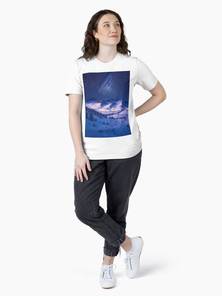 A Starry Night Sky Above Snow-Covered Peaks, Creating a Magical Ambiance in the Mountain Landscape, Ai Generated Art Essential T-Shirt