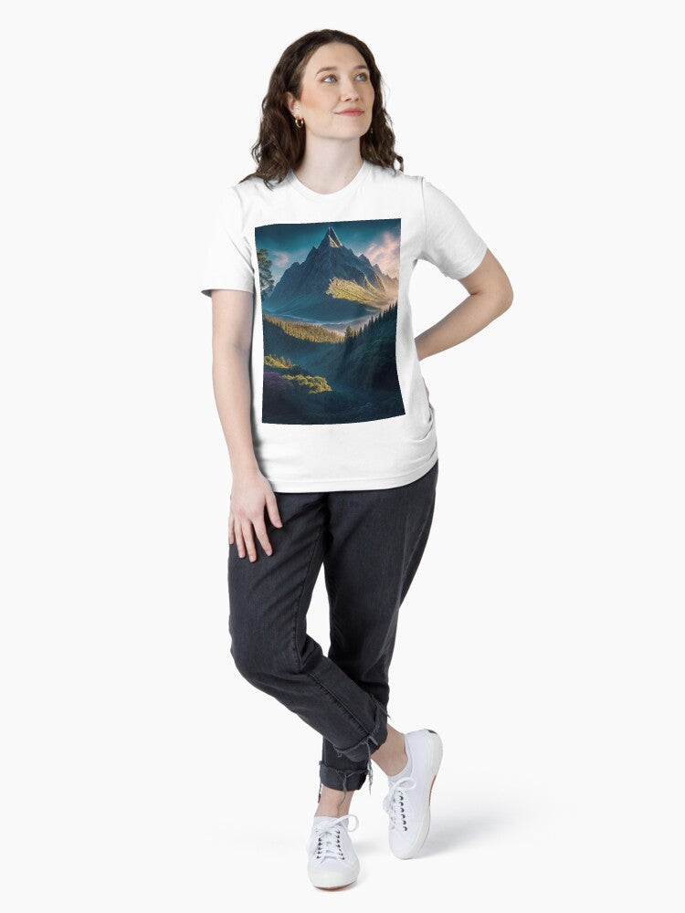 A Majestic Mountain Rising from a Lush Forest, Creating a Harmonious Blend of Rugged Beauty and Verdant Tranquility, Ai Generated Art Essential T-Shirt