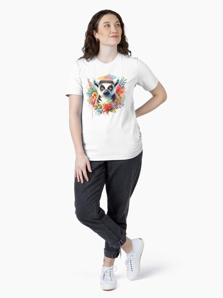 A lemur with a colorful background and various leaves and flowers Essential T-Shirt