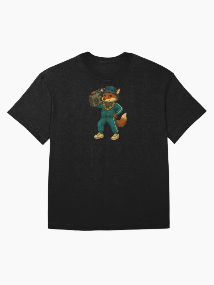 90s Hip-Hop Fox – Boombox Beats & Golden Chain Oversized T-Shirt