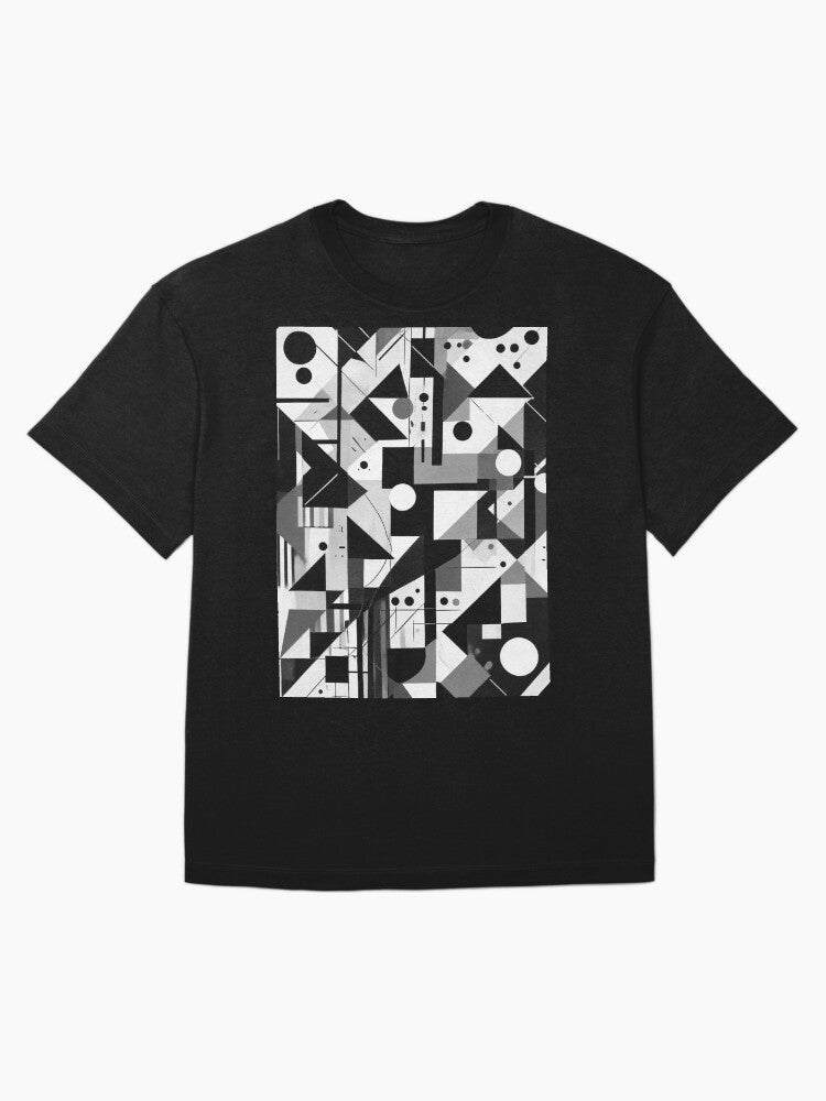 A black-and-white image featuring various geometric and abstract designs. Oversized T-Shirt Style001