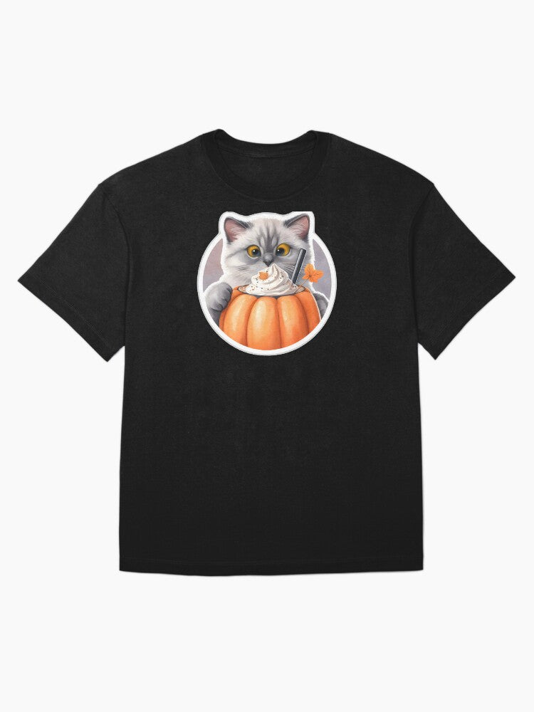 A gray cat with a pumpkin spice latte with whipped cream and a pumpkin Oversized T-Shirt