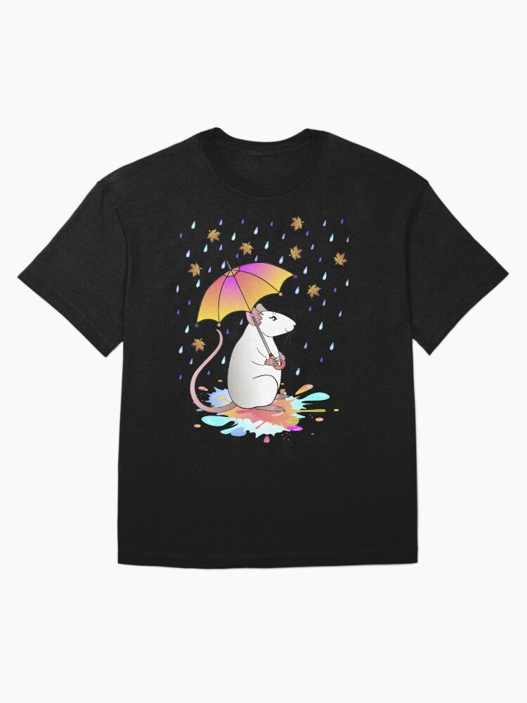 A white decorative rat with an umbrella walks through puddles in the rain with autumn leaves. Oversized T-Shirt