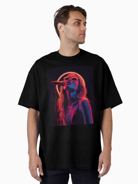 A woman is singing with a microphone. Vivid graphic illustration Oversized T-Shirt