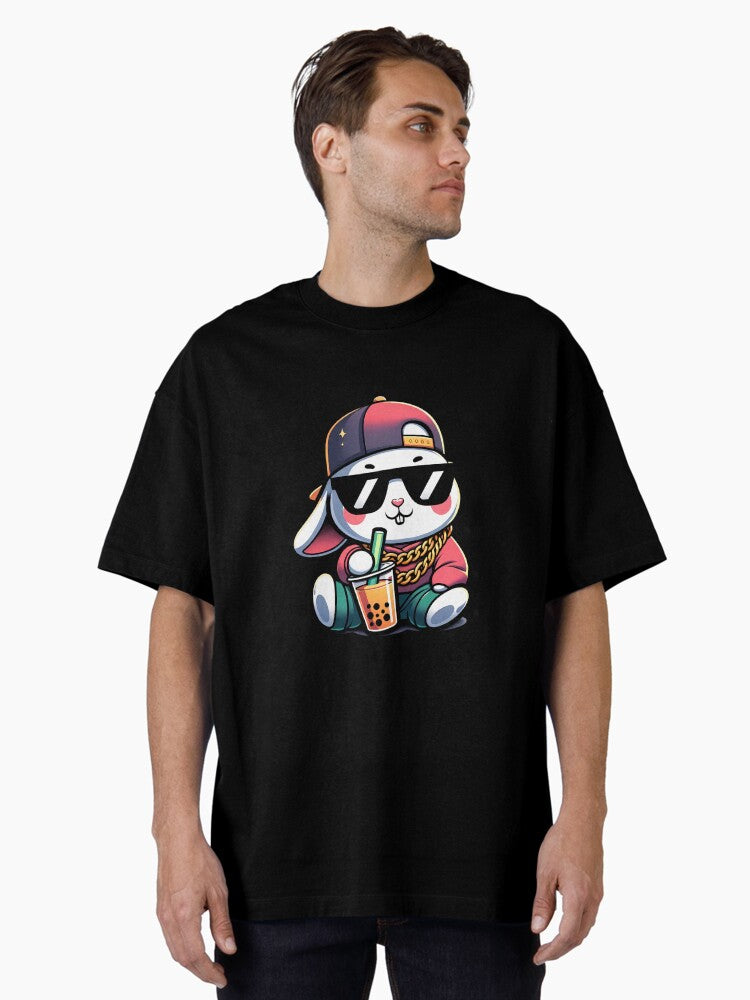 90's HipHop Bunny Rabbit Drinking Bubble Tea Oversized T-Shirt