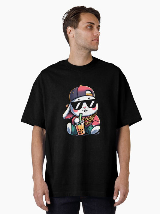 90's HipHop Bunny Rabbit Drinking Bubble Tea Oversized T-Shirt