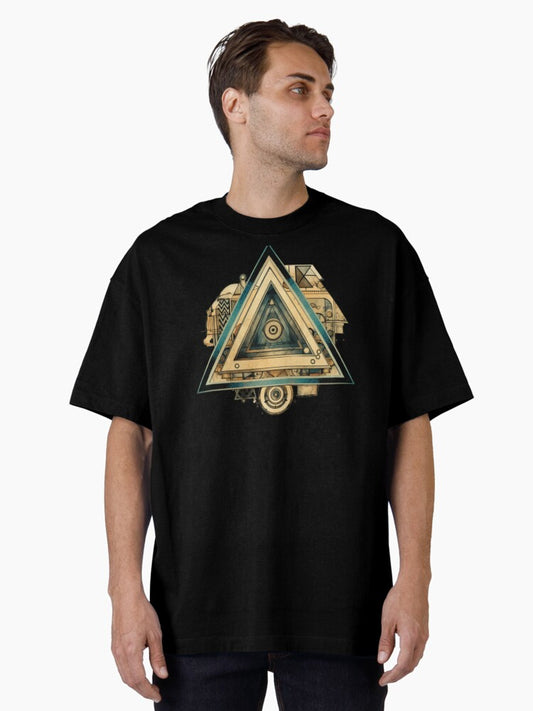 A vintage artistic-style triangle adorned with intricate geometric hand-drawn patterns. Oversized T-Shirt