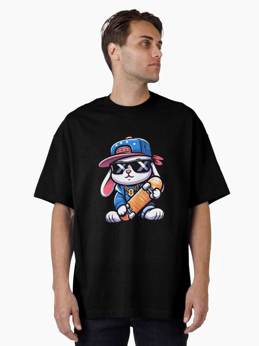 90's HipHop Rabbit Holding a Skateboard Oversized T-Shirt