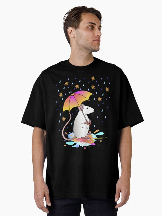 A white decorative rat with an umbrella walks through puddles in the rain with autumn leaves. Oversized T-Shirt