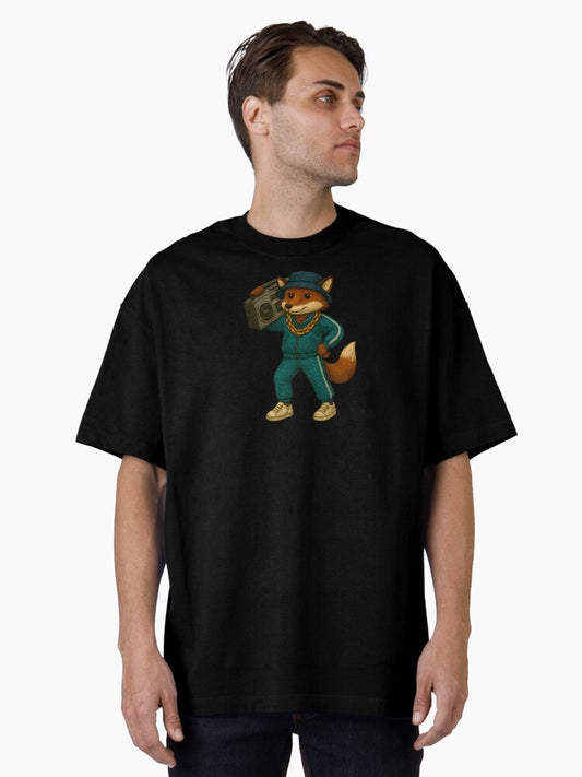 90s Hip-Hop Fox – Boombox Beats & Golden Chain Oversized T-Shirt