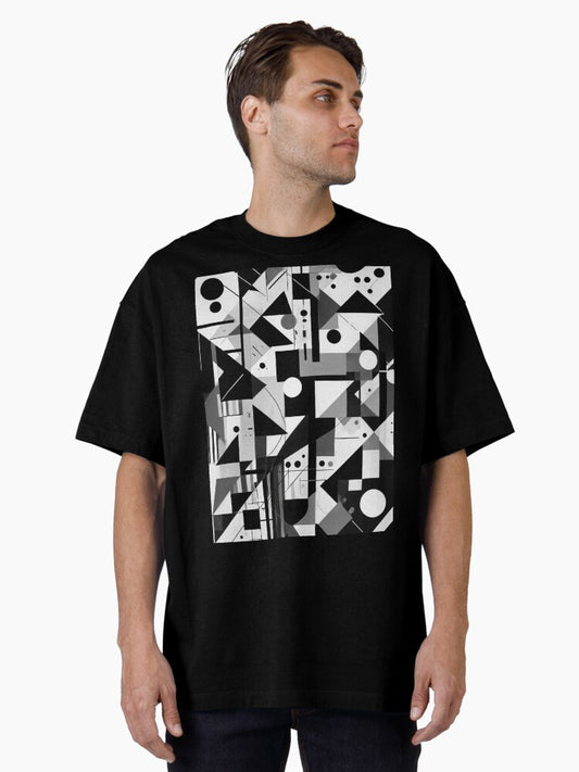 A black-and-white image featuring various geometric and abstract designs. Oversized T-Shirt Style001