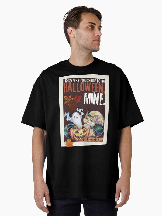 Funky Halloween Cat and Boo Ghost with pumpkin Oversized T-Shirt