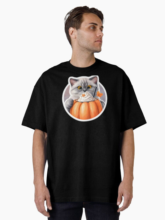 A gray cat with a pumpkin spice latte with whipped cream and a pumpkin Oversized T-Shirt