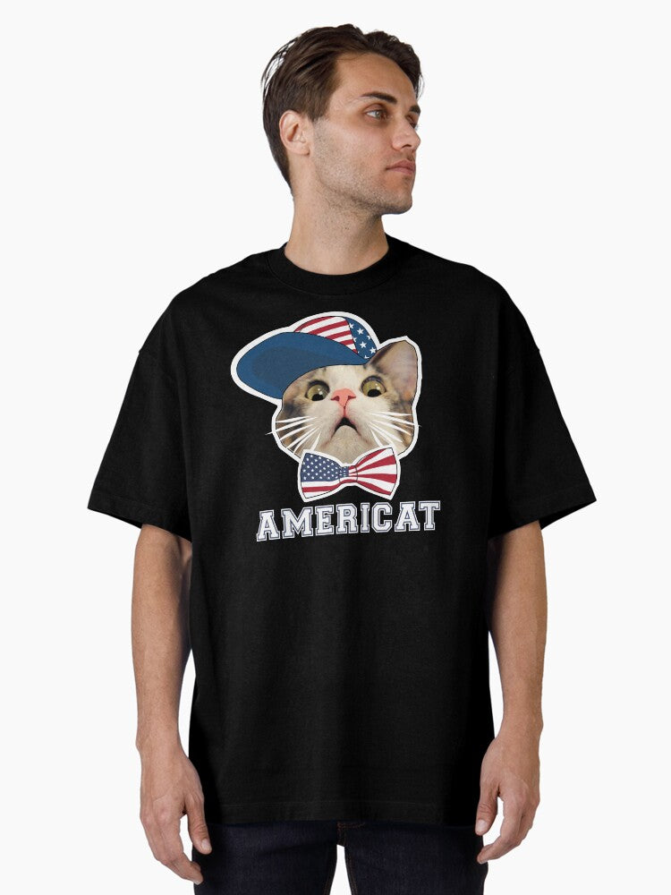 4th of July Cat Americat American Flag Bow Tie Funny Kitten In Hat Oversized T-Shirt