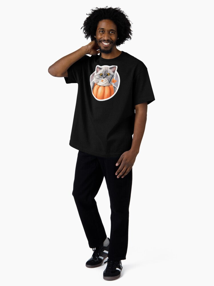 A gray cat with a pumpkin spice latte with whipped cream and a pumpkin Oversized T-Shirt
