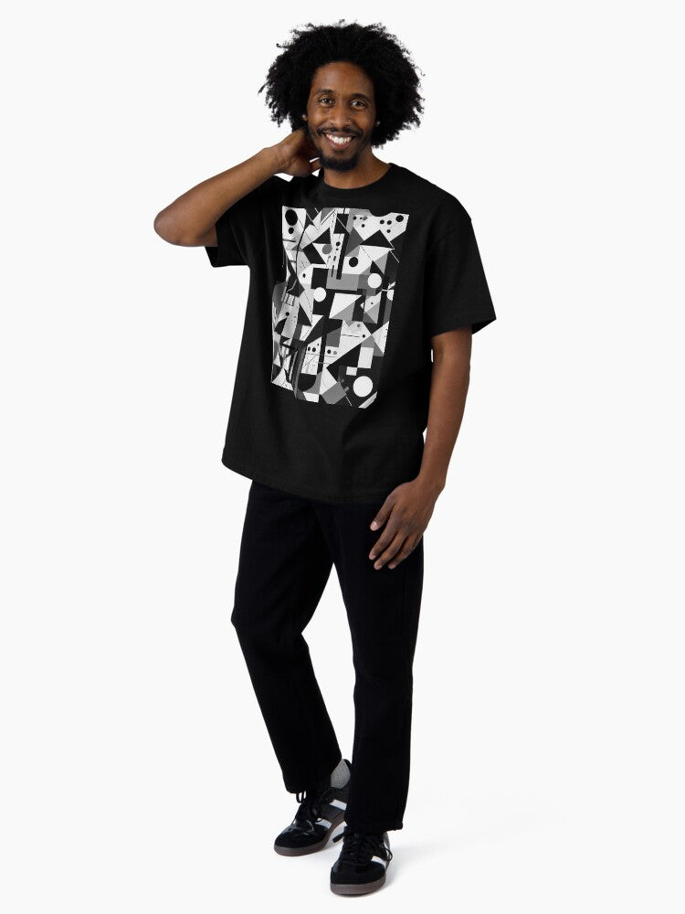 A black-and-white image featuring various geometric and abstract designs. Oversized T-Shirt Style001