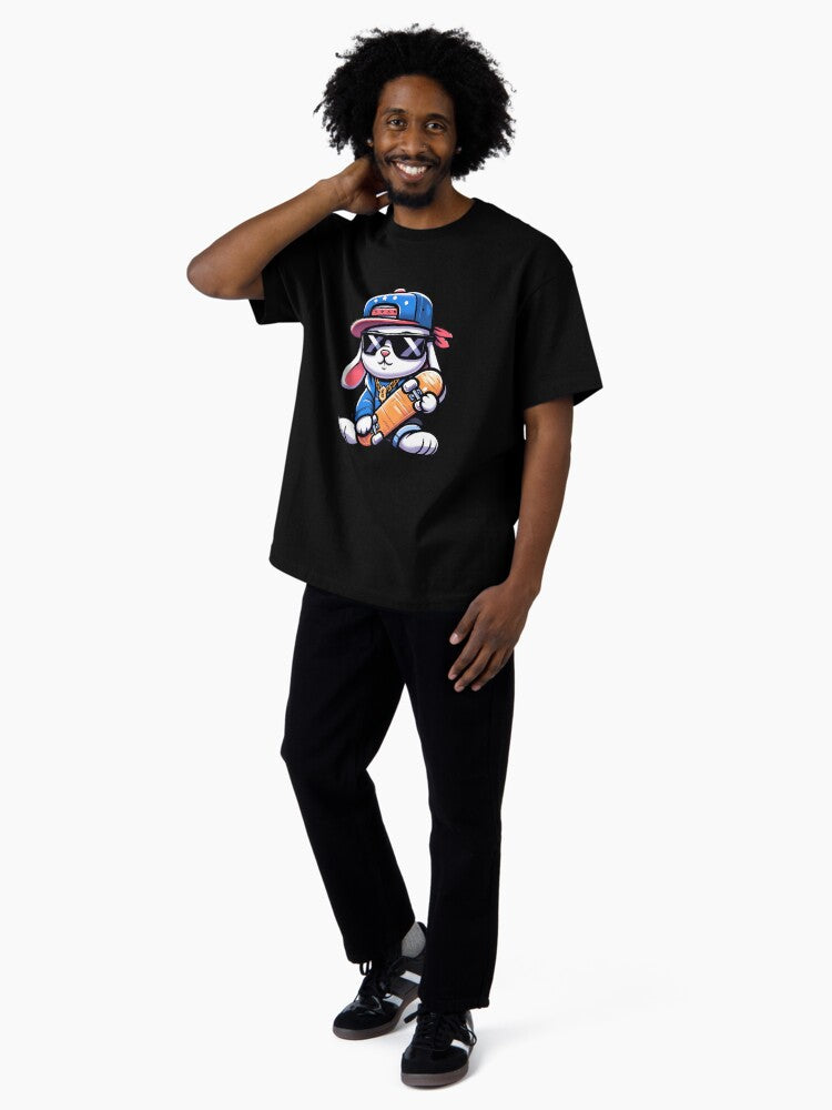 90's HipHop Rabbit Holding a Skateboard Oversized T-Shirt