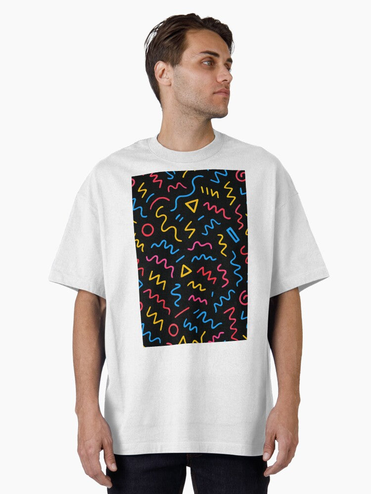 90s Doodle Pattern – Colorful Abstract Memphis Style Oversized T-Shirt