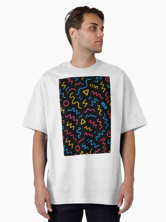 90s Doodle Pattern – Colorful Abstract Memphis Style Oversized T-Shirt