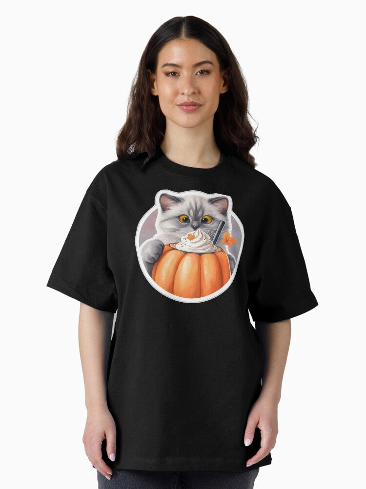 A gray cat with a pumpkin spice latte with whipped cream and a pumpkin Oversized T-Shirt