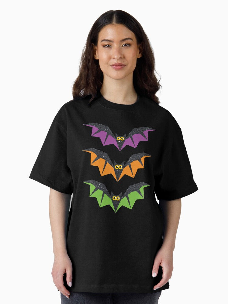 3 Funny Halloween Bats on Black Oversized T-Shirt