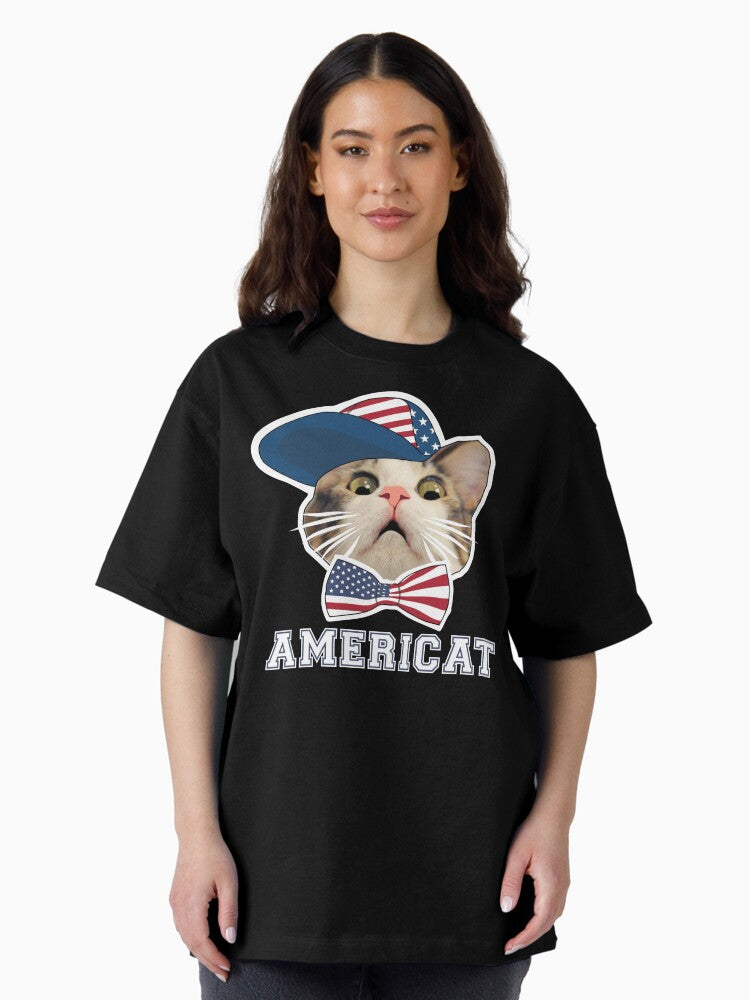 4th of July Cat Americat American Flag Bow Tie Funny Kitten In Hat Oversized T-Shirt