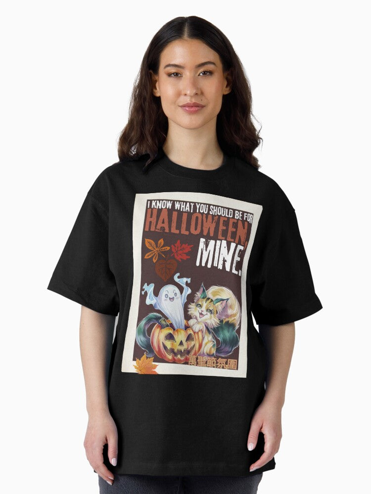 Funky Halloween Cat and Boo Ghost with pumpkin Oversized T-Shirt