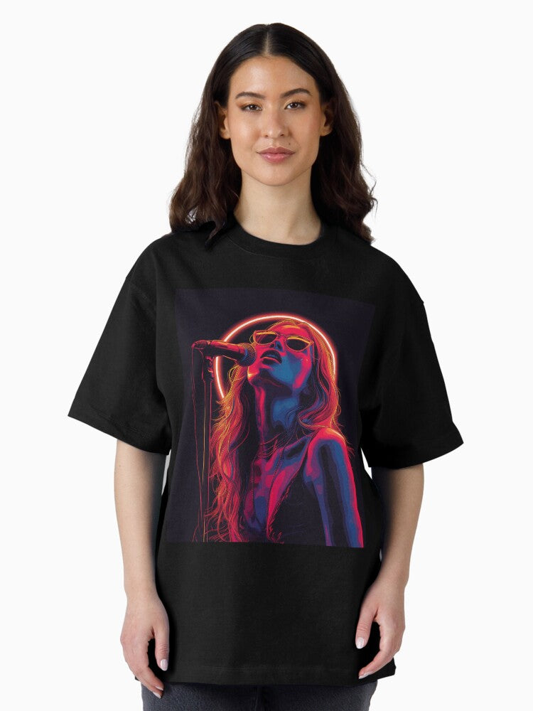 A woman is singing with a microphone. Vivid graphic illustration Oversized T-Shirt