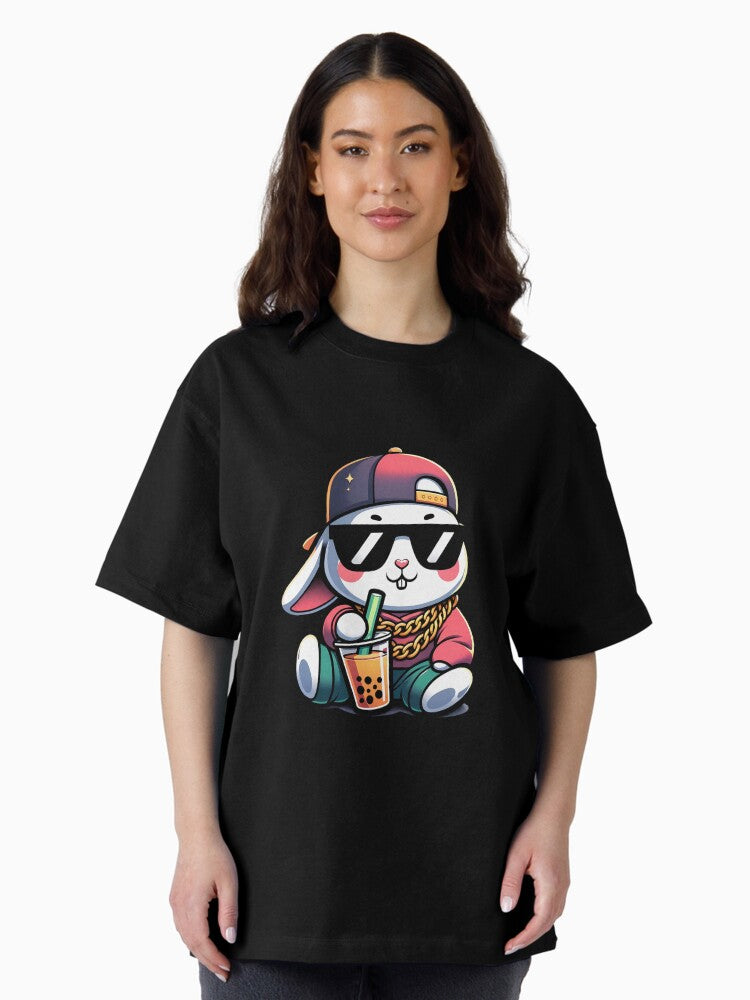 90's HipHop Bunny Rabbit Drinking Bubble Tea Oversized T-Shirt