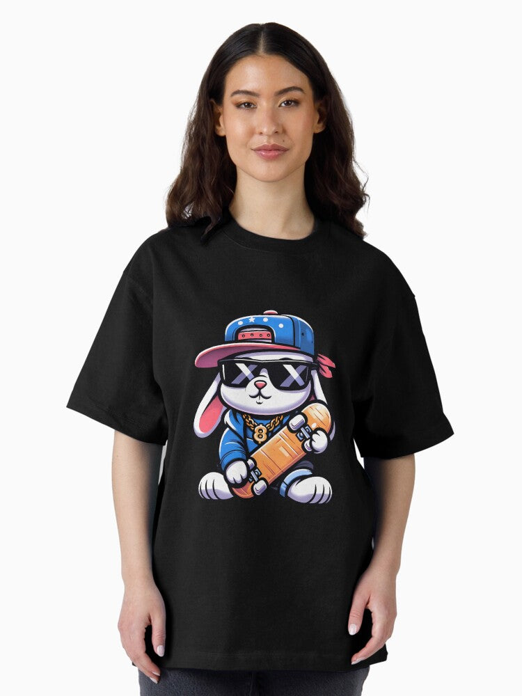 90's HipHop Rabbit Holding a Skateboard Oversized T-Shirt