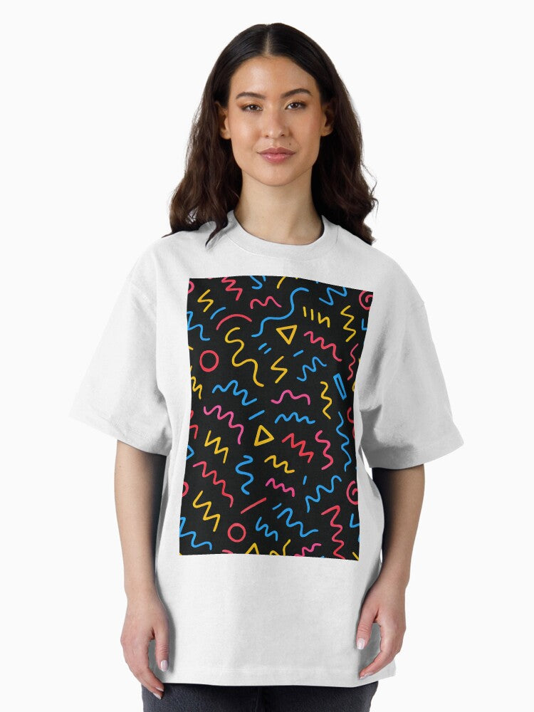 90s Doodle Pattern – Colorful Abstract Memphis Style Oversized T-Shirt