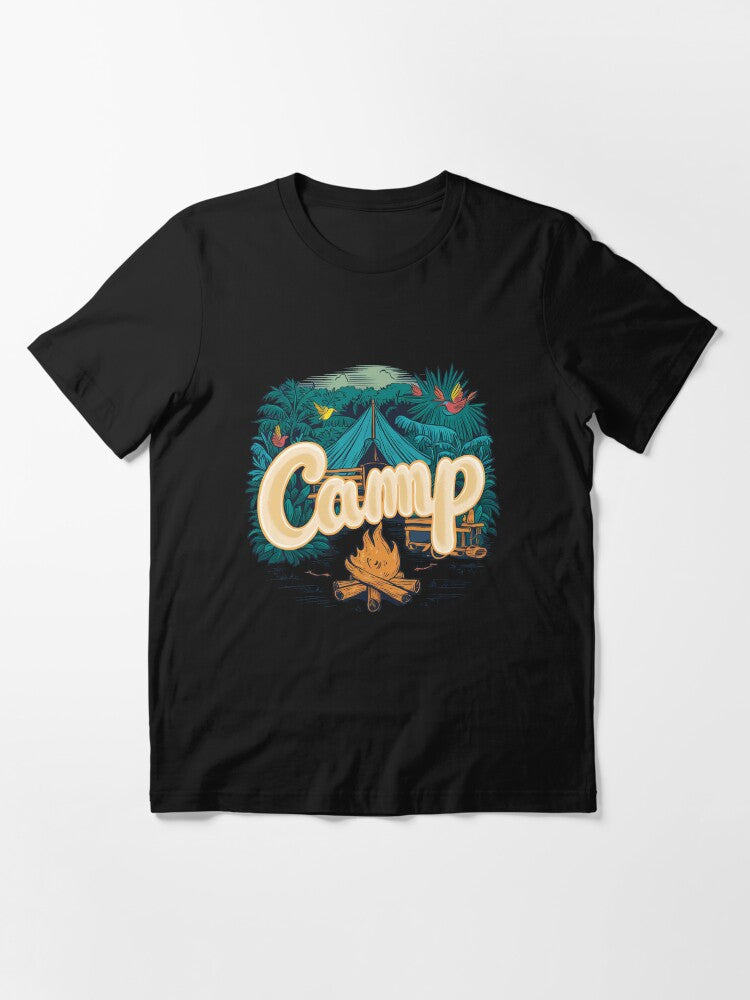 A colorful campsite with a bonfire and a tent Essential T-Shirt Style002