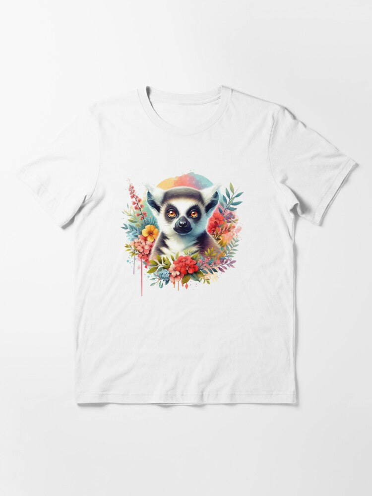 A lemur with a colorful background and various leaves and flowers Essential T-Shirt