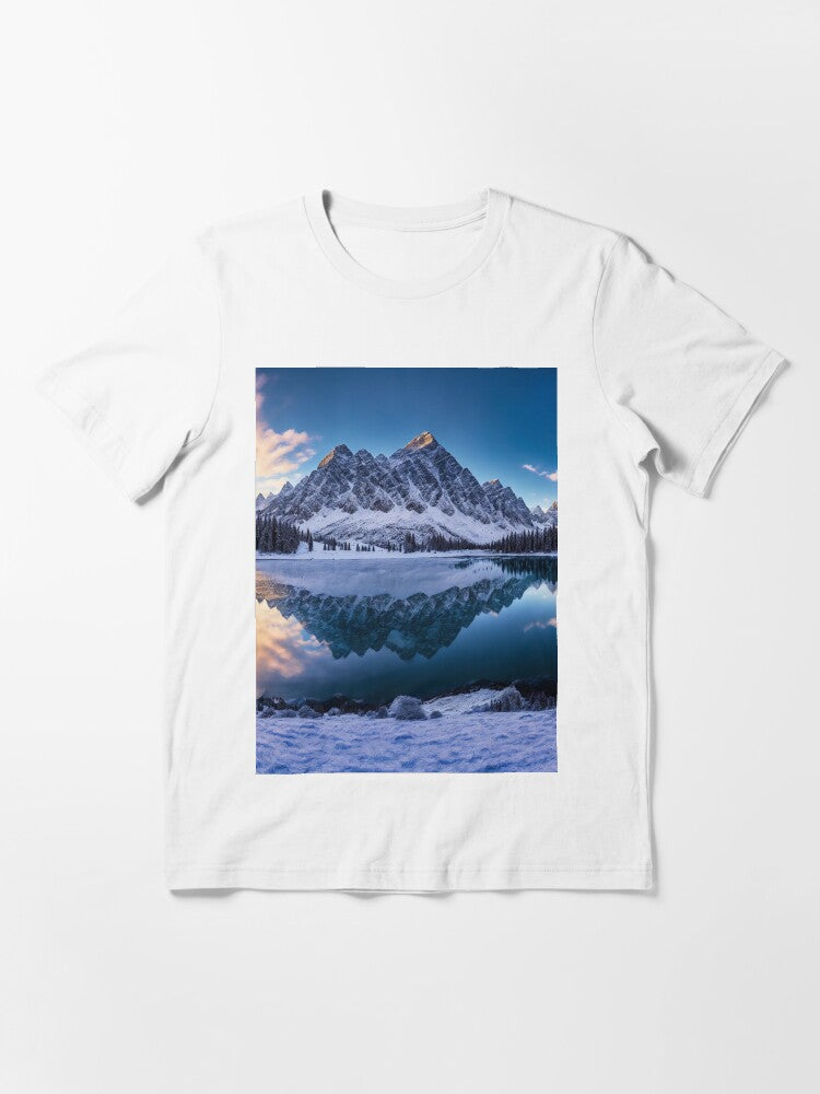 A Panoramic View of Snow-Capped Rocky Mountains with a Serene Alpine Lake in the Foreground, Ai Generated Art Essential T-Shirt