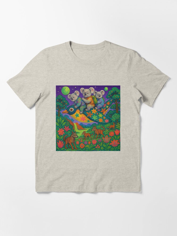 "Koala Sky Riders: Moonlight Adventure in a Floral Forest" Essential T-Shirt