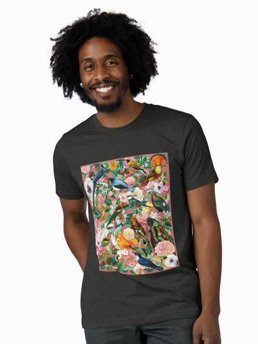 14 colorful birds in flower garden floral pattern Tri-blend T-Shirt